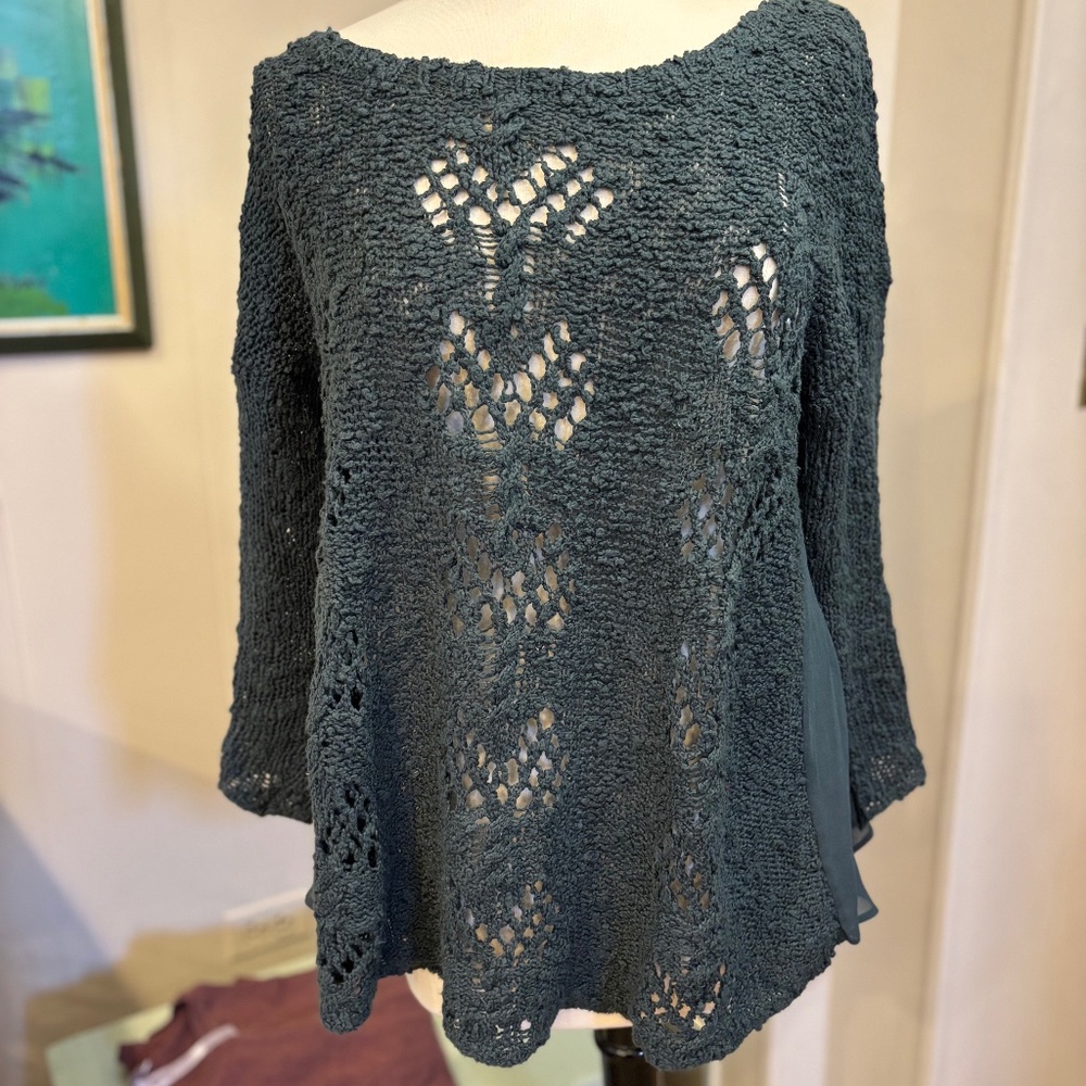 Anthropologie crochet sweater, dark teal, EUC vintage size L